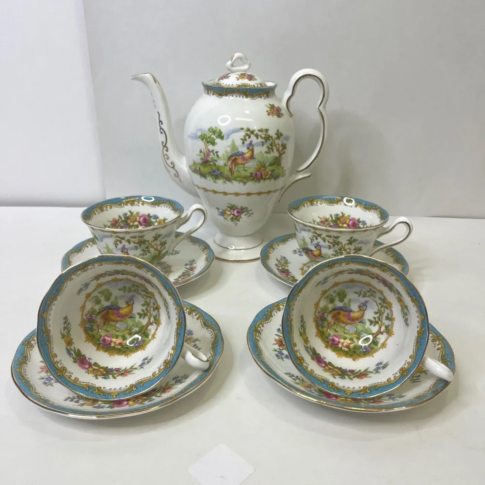 Royal Albert Chelsea Bird Coffee Set Pot 4 Demitasse Cups Saucers Bone China